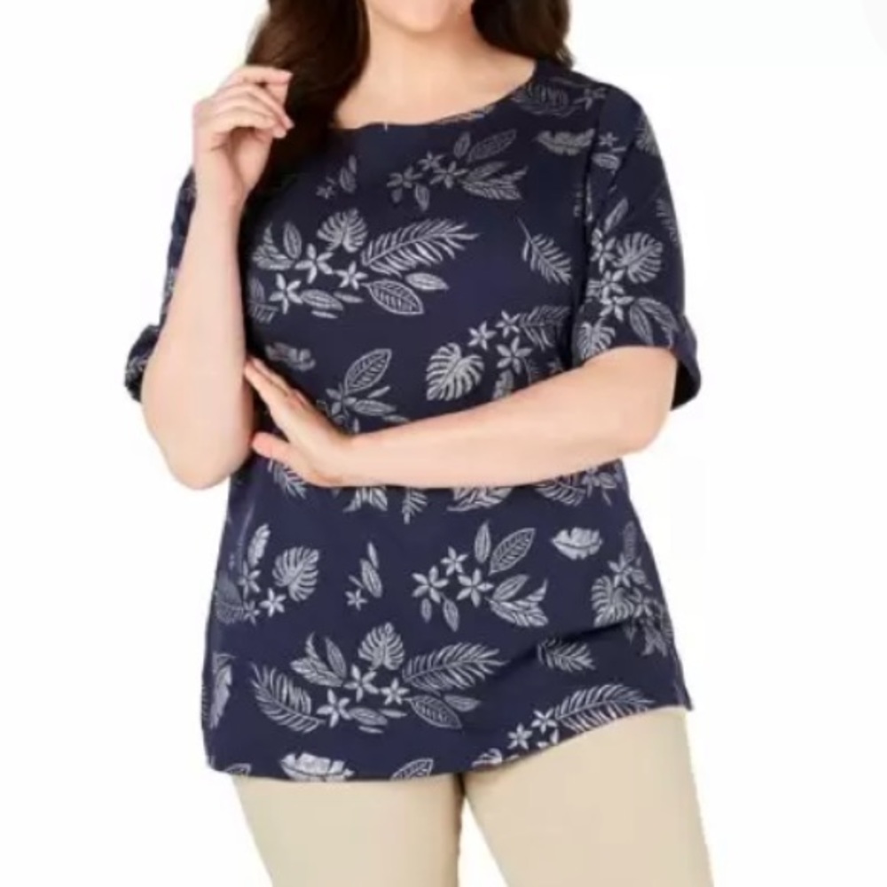 NEW Laura Scott Metallic Print Short Sleeve Top, Size 0X, Blue Silver